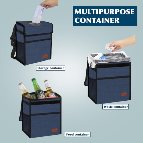 Image of Femuar Leak Proof Car Trash Can with Lid, Collapsible Hanging Waterproof Car Trash Bag with Mesh Pocket for SUV Front Seat Headrest, Dark Blue