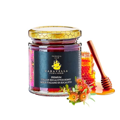 Miel de Eucalipto 250 g Caravella Fine Food | Intensas notas balsámicas y amaderadas | Pura Cruda Rica en antioxidantes y enzimas| Calmante y depurativa | Ideal para Té Desayuno Tos Piel Bienestar