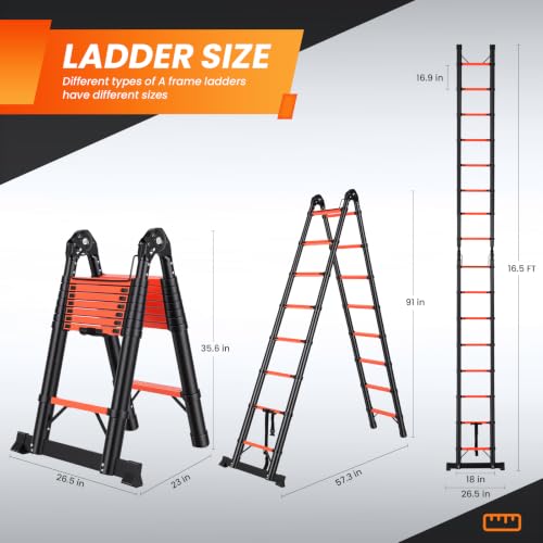 Image of Telescoping Ladder 16.5 FT A Frame, Extension Multi-Purpose with Balance Bar Heavy Duty 330 lbs Max Capacity for Home and Outdoor Work, Orange