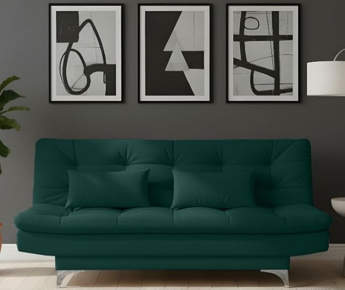 AMATA Eagle Solid Wood 3 Seater Sofa Cum Bed Green Suede Velvet Fabric with Two Cushions Perfect for Home Living Office Room and Guests (Green, Medium)(3 Year Warranty)