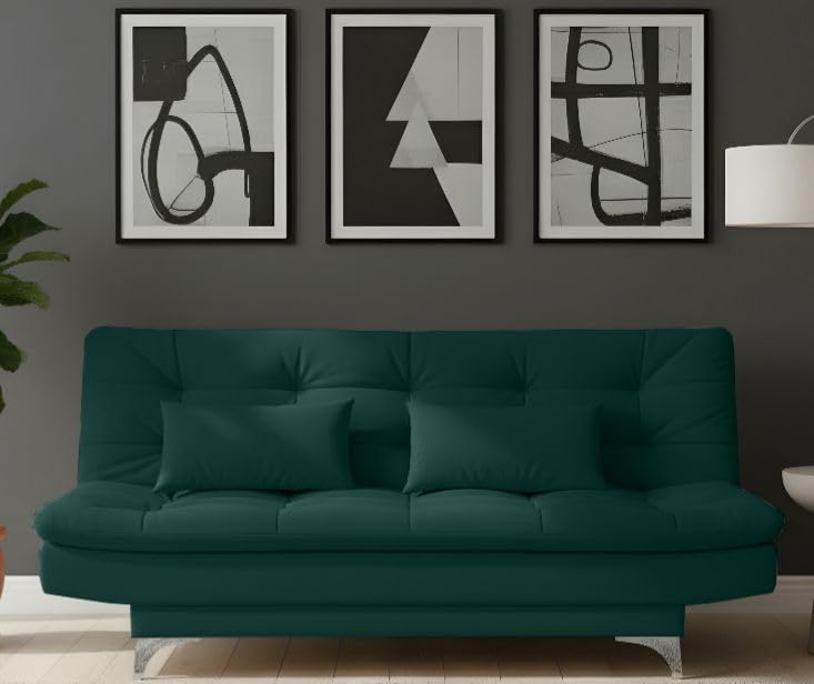 AMATA Eagle Solid Wood 3 Seater Sofa Cum Bed Green Suede Velvet Fabric with Two Cushions Perfect for Home Living Office Room and Guests (Green, Medium)(3 Year Warranty)