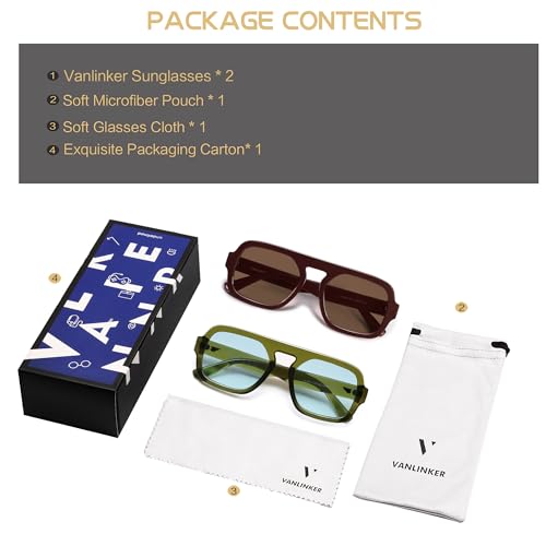 Image of VANLINKER Retro Square Aviator Sunglasses for Women Men 70s Vintage Style Trendy Flat Top Rectangle Sun Glasses VL9826