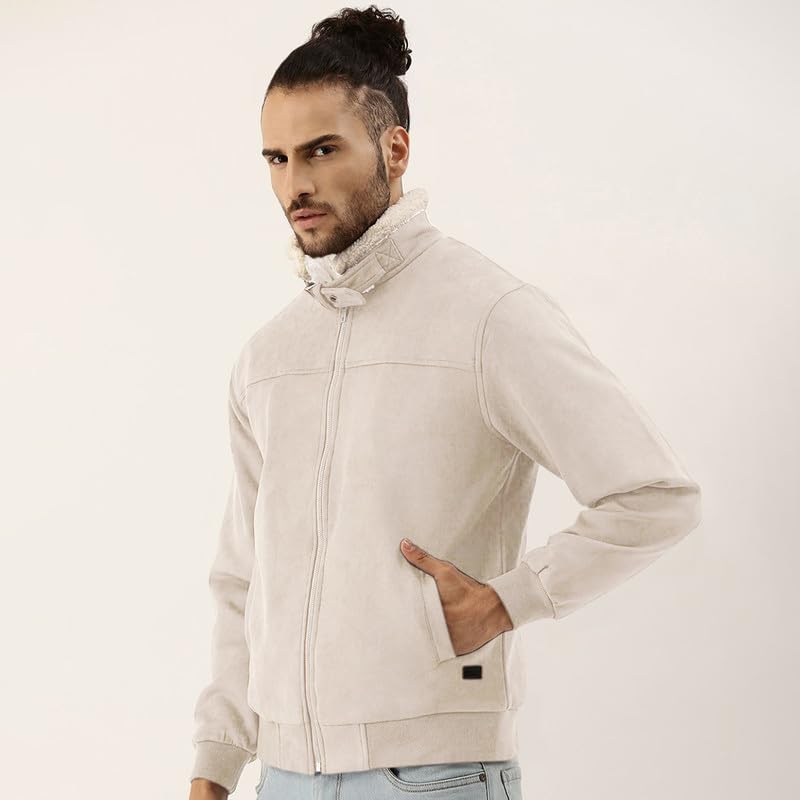Image of CAHOOT Men's Front Zipper Jacket with Fleece for Casual Wear | Long Sleeve | High Neck | Zipper Closure | Suede Jacket Crafted with Comfort Fit for Everyday Wear