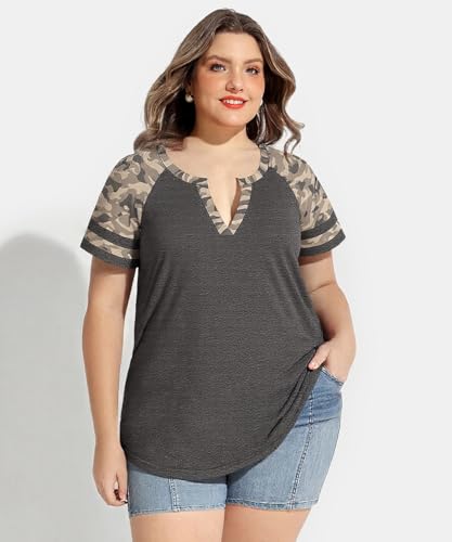 Image of CARCOS Plus Size Tops for Women Short Sleeve Summer Pullover Color Block Crewneck /V Neck Tee Tunic Loose Fit Tshirts XL-5XL