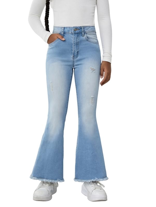 WDIRARA Girl's Ombre Raw Hem Flare Leg Jeans High Waist Pocket Casual Denim Pants