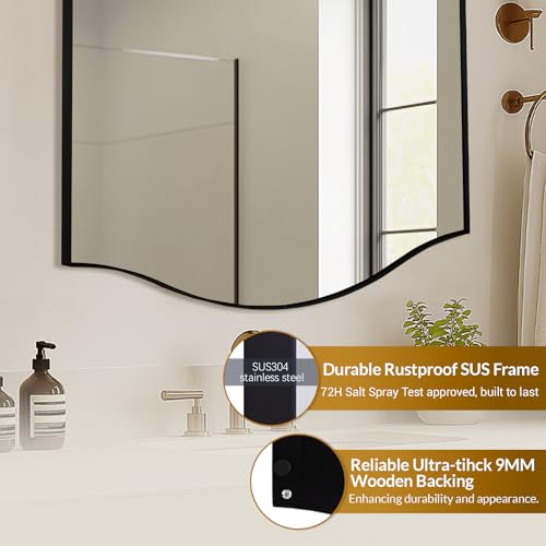 Image of ANDY STAR Rectangle Scalloped Mirror, 24 inchx40 inch Matte Black Bathroom Mirror in SUS304 Stainless Steel Metal Frame, Irregular Vanity Mirror with Unique Arched Top Design