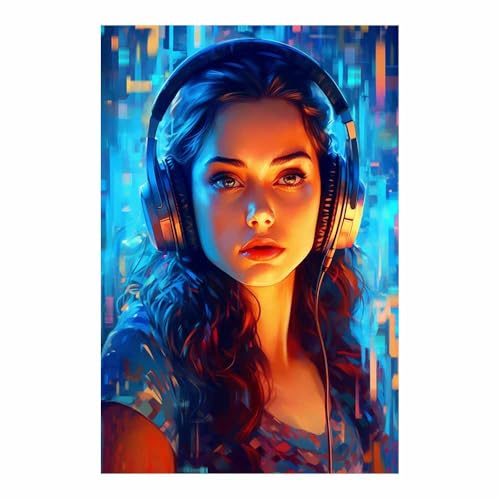 Affiche imprimée portrait casque cyberpunk bleu toile géante TERUEA design futuriste