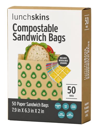 Lunchskins Compostable Sandwich Bags – 50 Count | Avocado Design | Eco-Friendly Food Storage Bags Made from Unbleached Kraft Paper with Recyclable Resealable Stickers