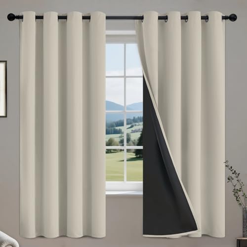 Image of COSVIYA 100% Stone Blackout Curtains for Kids Room 63 Inches Length | Room Darkening Light Blocking Drapes for Bedroom, Grommet Thermal Insulated Window Panels with Black Liner, W52xL63,2 Panels