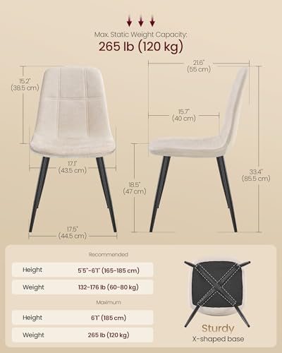 Image of VASAGLE Dining Chairs, Set of 4 Dining Room Chairs, Metal Frame, Adjustable Feet, Easy to Clean, Chenille Fabric, Glacier-Textured Synthetic Leather, for Kitchen, Cream White UKDC188W01