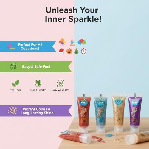 Image of Tota Glitter Gel - Non Toxic Face Paint and Body Paint | Glitter Gel Holi Colour Paint for Holi Party Decoration Halloween Party Theatre Drama Photoshoot and More - Set of 5 Shiny Glow Tubes