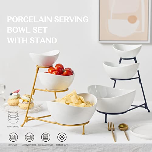 Gomakren 3 Tiered Oval Serving Bowl with Collapsible Metal Rack, Chip and Dip Serving Set, Dessert Appetizer Bowl Set (45oz / 17.5oz / 7oz), White Serving Bowls For Entertaining (Gold Stand) - Image 7