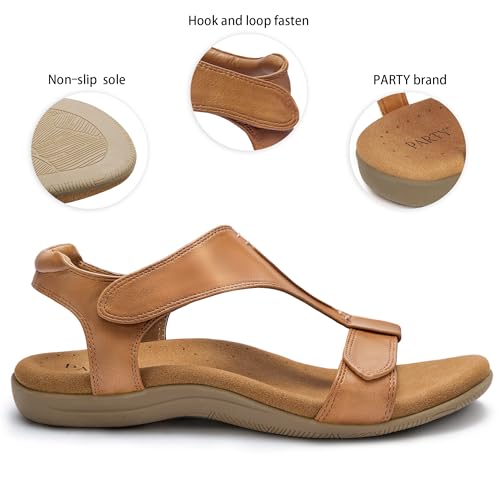 Image of PARTY Women's Open Toe Sandals Arch Support and Adjustable Straps Comfortable Sandals for Walking,BROWN,7