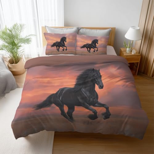 Générique Parure de lit 2 Personnes 200 x 200 cm Marron Cacao Cheval Prairie, Housse de Couette en Microfibre Douce avec taie d’Oreiller, Nature, Ensemble...