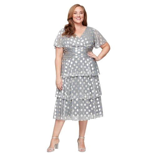 Image of S.L. Fashions Women's Short Sleeve Tea Length V-Neck Mother of The Bride Dress with Ruched Waist, Wedding Guest (Plus Size)