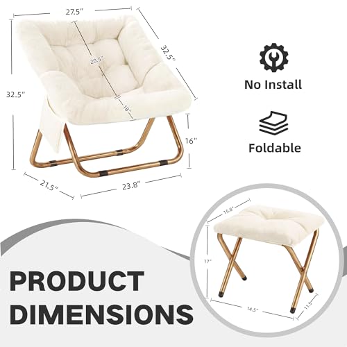 Comfy Saucer Chair for Adults, Foldable Living Room Chairs, Soft Faux Fur Lounge Chair for Bedroom, Reading Chairs, X-Large (Ottoman-White) - Image 3