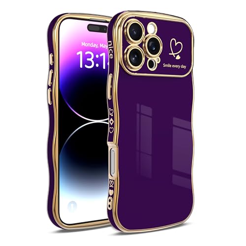 IAIYOXI for iPhone 12 Pro Max Case for Women & Girls - Cute Wave Design with Curly Shape, Heart Pattern, Raised Camera Protection, Luxury Plating, Shockproof（iPhone 12 Pro Max, Dark Purple）