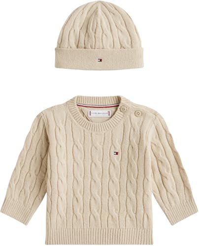 Bonnet et pull Tommy Hilfiger Newborn CABLE CREW beige le cadeau de naissance idéal 0 mois