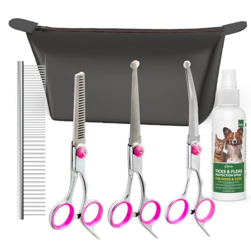 Image of SKYTAG Dog Grooming Shears Set V9 | 6 Piece Stainless Steel Pet Grooming Kit | Straight Down Curved Thinning Shears | 2 in 1 Steel Comb | Anti Tick Flea Spray 100 ml | Zip Carry Bag