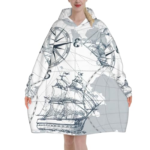 Couverture à capuche douce anti-froid avec manches amples et motif carte marine