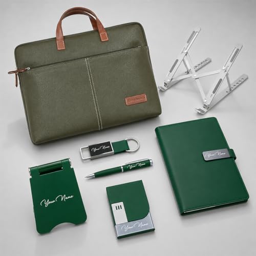 Image of Giftana 7 in 1 Laptop Bag and Laptop Stand with Personalized Diary & Pen, Keychain, Card Holder, Mobile Stand Set, Customized Gift for Husband, Employee Welcome Kit, Corporate Gift for Employees (Green)