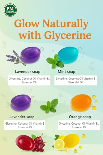 Image of PM Herbal Natural Glycerine Soap | Paraben Free SLS /SLES Free Handmade Herbal Bathing Bars with Coconut Oil, Vitamin E & Essential Oils for Glowing, Moisturized Skin (Lavender(Pack Of 5))