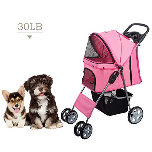 Dawoo 4-Wheel Pet Trolley For Cats/Dogs, Easy-To-Fold Jogger Trolley, With Removable Lining, Storage Basket And Cup Holder?Pink?