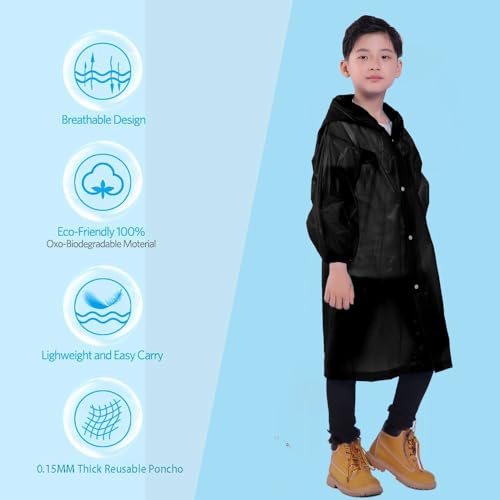 HLKZONE Rain Ponchos for Kids, [2 Pack] Reusable Raincoats for Boys and Girls Waterproof Kids Rain Jacket Rain Gear with Hood4