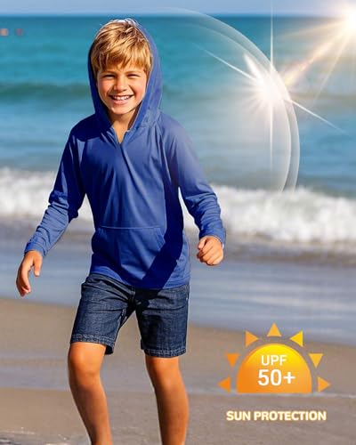 Image of Boys Rash Guard Long Sleeve Hoodie Swim Shirt with Pocket Youth Kids UPF 50+ Sun Protection Fishing Shirts Thumb Hole