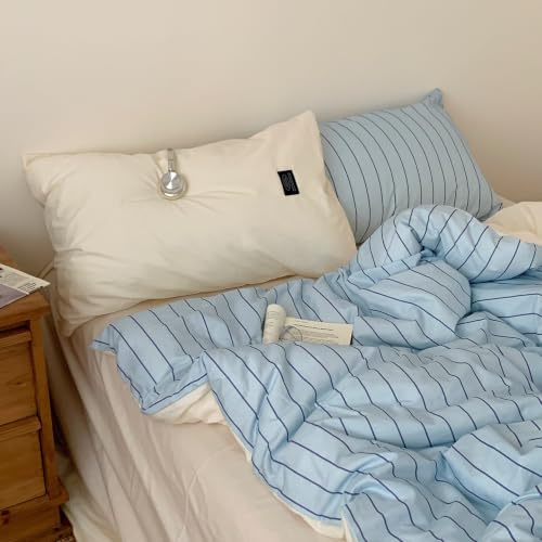 Image of Striped Duvet Cover Twin Blue Striped Beige Reversible Bedding Set