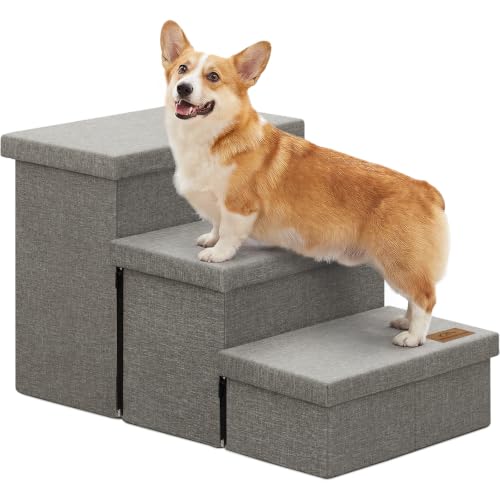 Zerbuger Dog Stairs with Storage, Grey 3 Steps Dog Ramp no Condo for Bed