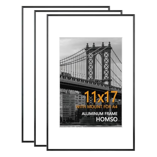 Image of Homso 11x17 Picture Poster Metal Black Frame Set of 3, Display Pictures 8.3x11.7 Inch with Mat or 11x17 Inch Without Mat, Thin Edge with Acrylic Plexiglass for Wall Mounting