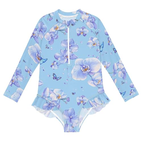 KLL Beauty Orchid Blue 1 Piecing Girls Swimsuit Long Sleeve Girls Swimsuits Rashguard Toddler Bathing Suit 4T