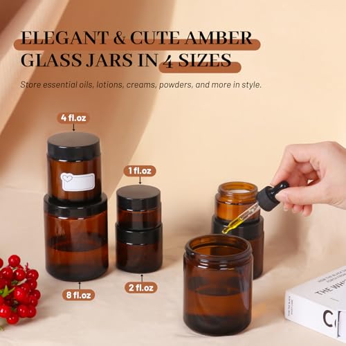 AuroTrends 1 oz Glass Jars with Lids 48Pack- Mini Amber Glass Jar/Cosmetic Containers with UV Protection,Travel Labels (30ml, Set of 48) 7