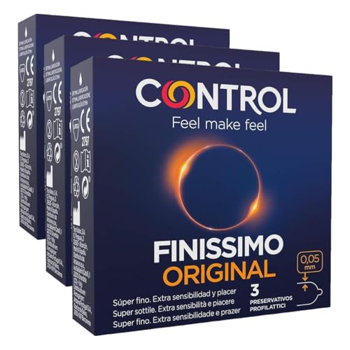 Control Preservativos Finissimo Original. Caja de 3 Condones, Súper Finos, Extra Sensibilidad, Lubricados. Disfruta de unos Preservativos con Ajuste Perfecto para una Relación Segura. (Paquete de 3)