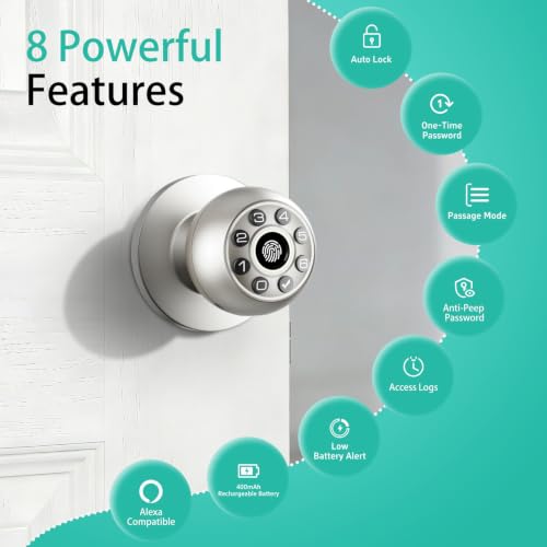 Image of Fingerprint Door Lock Biometric Keypad Smart Door Knob | Bedroom Passcode Handle, Home Office