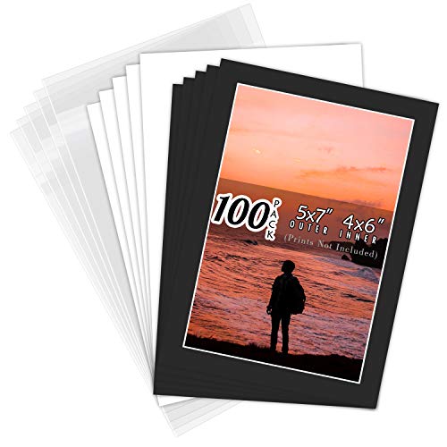 Pack of 100 5x7 Black Picture Mats Mattes with White Core Bevel Cut for 4x6 Photo + Back + Bags