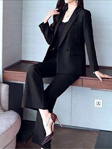 Doufine jaqueta feminina slim para trabalho com calças flare, Preto, XL