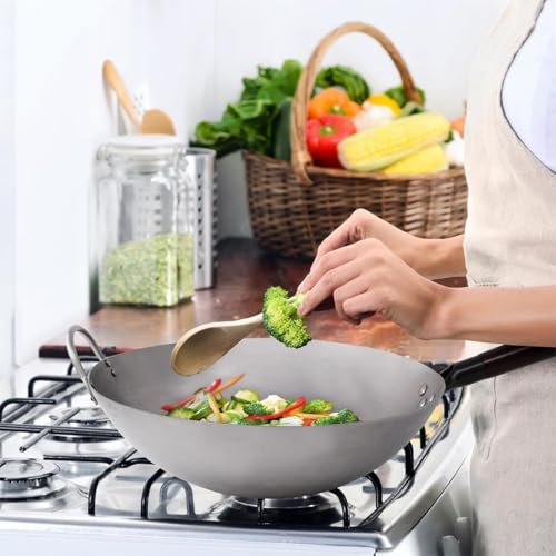 Wok de acero al carbono con mango de madera 38 cm miniatura 5