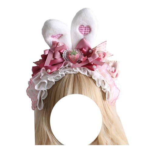 [ボズとガルヤ] 兎耳 髪飾り カチューシャ ロリータ 可愛い ピング ウサギ 姫系 リボン レース フリル コスプレ 蝶結び もこもこ パール ヘアアクセサリー おしゃれ 女の子 茶話会 パーティー 甘ロリ 華麗 学園祭