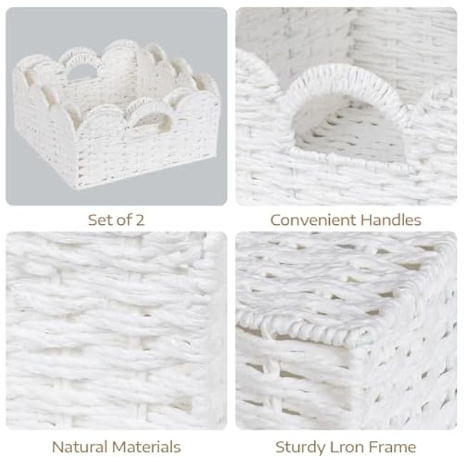 Scalloped Wicker Basket Natural Paper Rope Storage Baskets with Handles Handwoven Organizer Bin Wicker Storage Baskets for Home Decor, Organizing, 2 Pack (White)