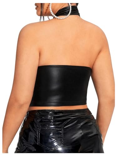 OYOANGLE Women's Plus Size Leather Criss Cross Crop Halter Top Cut Out Backless Tank Tops Clubwear2