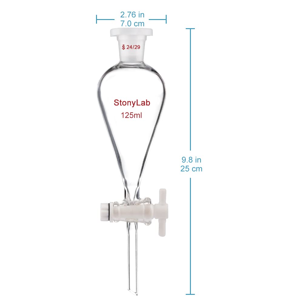 stonylab Borosilicate Glass 125 ml Heavy Wall Conical Separatory Funnel with 24/29 Joints and PTFE Stopcock, 125 ml