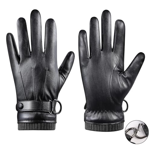 Aegend Soft Leather Gloves for Men/Women with Detachable Spring Buckle Easy Storage, Super Soft Warm Cashmere Lining Black Knitted Cuffs, Full Hand Touchscreen Anti-Slip Driving Gloves Thermal Winter