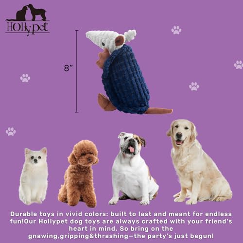 Image of Hollypet Plush Dog Squeaky Toy Stuffed Armadillo Animal Pet Puppy Chew Toys with Clean Teeth for Small Medium Large All Breed Sizes Dogs, Ultramarine, 8 in