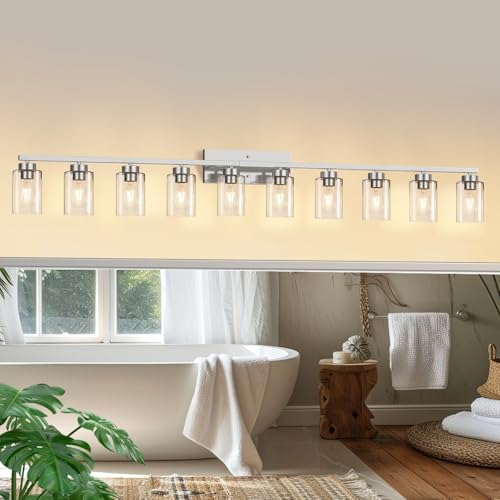 Image of IZORRO Bathroom Light Fixtures, Modern Vanity Lights, Bathroom Lighting Fixtures Over Mirror with Clear Glass Shade, Wall Sconce for Living Room Cabinet Bedroom (Brushed Nickel, 10-Light)
