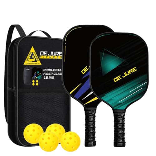 Image of De Jure Fitness 16 MM Pickleball Paddle - 2 Premium Fibre Glass 16 MM Rackets Honeycomb Composite Core with Cushion Comfort Grip & 4 Balls & Portable Racquet Bag (2 Rackets + 4 Balls+ Bag)