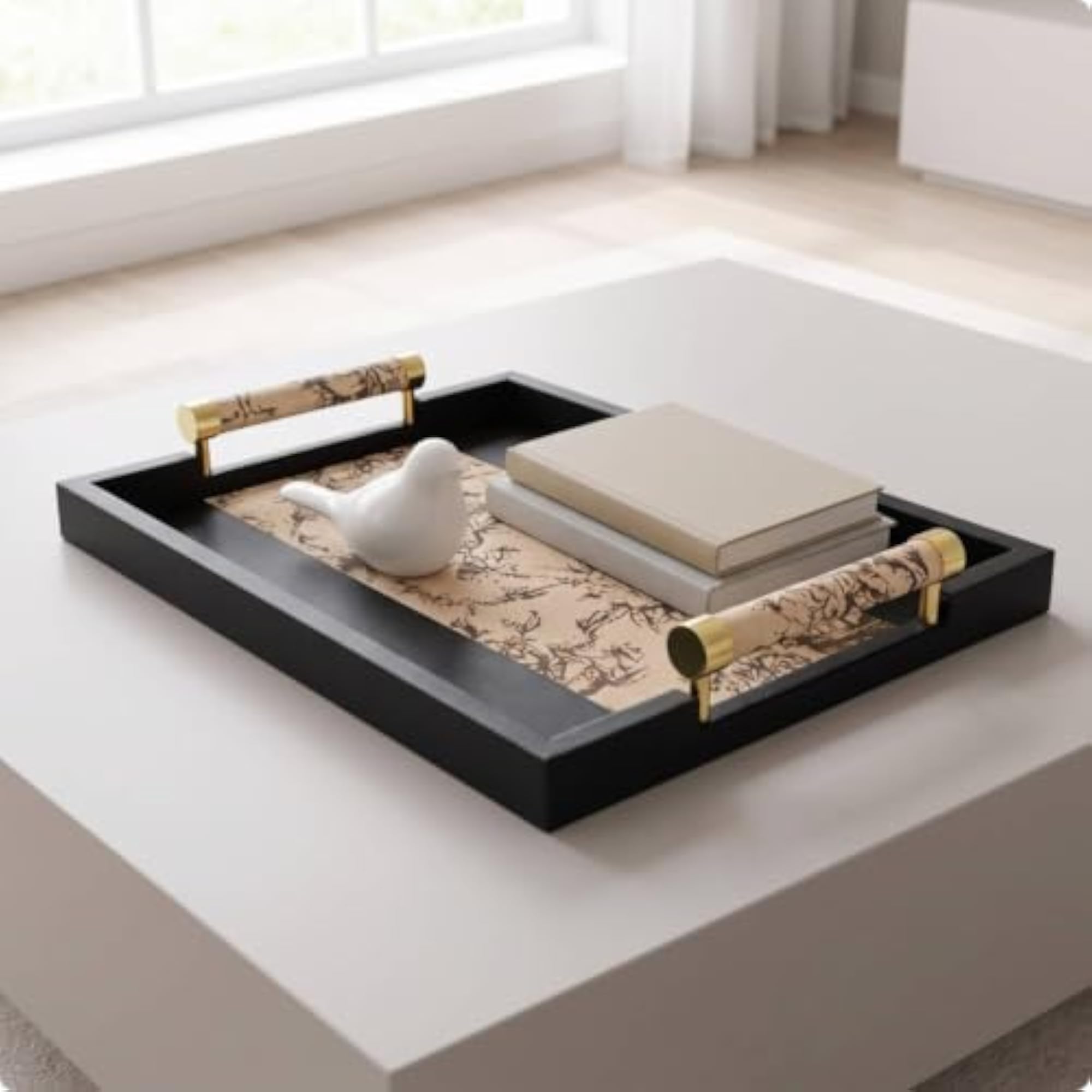 Floral Wood Tray with Leather, Elegant Rectangular