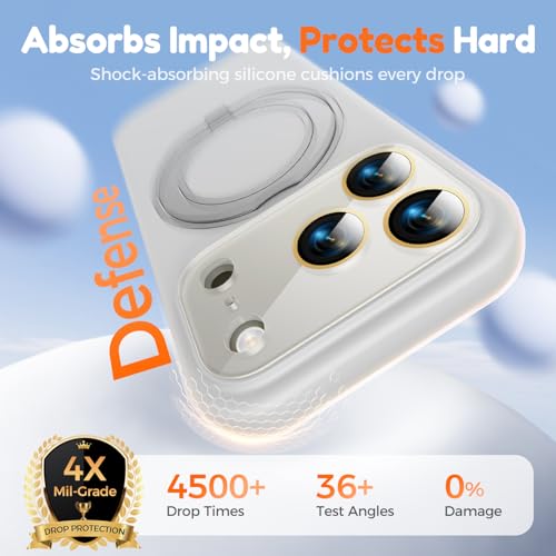Image of Silicone 360 Spin Magnetic Stand Case for iPhone 17 Pro, [Compatible with Mag-Safe][Reinforced Hard Camera Protection] Liquid Silicone Rubber Phone Case Cover with Ring, Camera Button, White