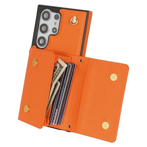 Étui portefeuille iPhone 17 Pro cuir mat orange housse protection intégrale avec sangle - 4